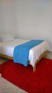 a bed with a blue blanket and a red rug at Darajani Motel in Sanya Juu