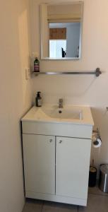 a bathroom with a white sink and a mirror at Waterzicht 3 in Uitwellingerga