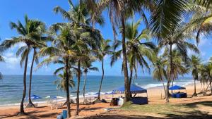 a beach with palm trees and the ocean at Full Studio in Stella Maris in Salvador