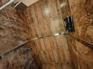 a bathroom with a shower with a wooden wall at Depto Civora 4 in Villa Regina +2 photos