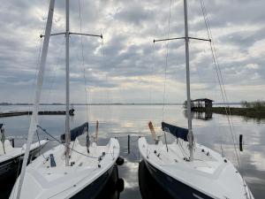 two boats docked at a dock in the water at Ferienwohnung Sonnenufer am Dümmer See in Lembruch