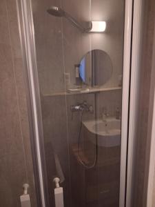 a bathroom with a shower with a sink and a mirror at Gutshaus Dämelow tussen Schwerin en Wismar in Dämelow +40 photos