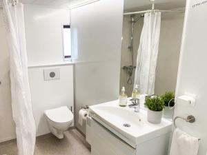a white bathroom with a toilet and a sink at Fagrahlid Guesthouse in Hvolsvöllur +28 photos