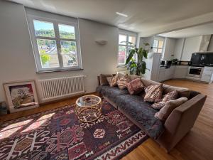 a living room with a couch and a rug at Maison Bleue Dreiländereck, Design Apartment mit Terrasse in historischem Landhaus nahe Basel in Kandern