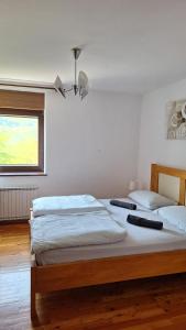 a bedroom with two beds and a window at Apartmaji Grapa in Most na Soči