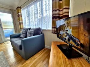a living room with a blue couch and a flat screen tv at Bella Mere Lodge in West Down