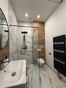 a bathroom with a sink and a glass shower at MeerZeit in Kappeln +18 photos