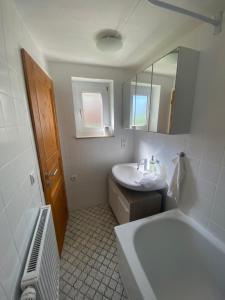 a bathroom with a sink and a toilet and a mirror at M1 Appartement in Uttenweiler +7 photos