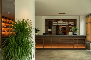 a lobby with a bar with plants in the foreground at Zhangjiajie National Park Nvue Resort Free Laundry & Dry Service,Free Fresh coffee& Customizing Tour Plan in Zhangjiajie +140 photos