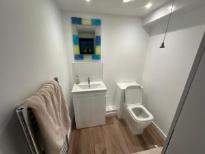 a white bathroom with a toilet and a sink at Hornbeams Annexe - Deluxe Apartment in Biddenden +6 photos