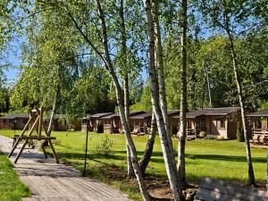 a park with a wooden path and trees and houses at Domki PRZY LEŚNICZÓWCE in Wiele