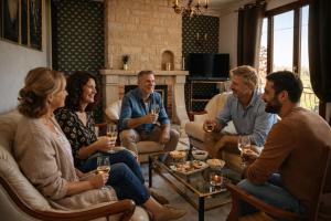 a group of people sitting in a living room drinking wine at Maison 10 personnes 4 chambre 2 sdb in Liourdres +26 photos