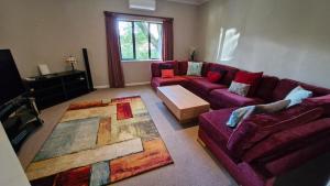 a living room with a purple couch and a table at Franschhoek farm off the grid in Franschhoek