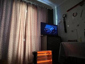 a living room with a television and a curtain at Enjoy Georgian Regions in Tʼetʼri Tsqaro +7 photos