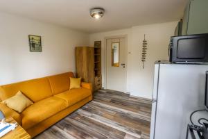 a living room with a couch and a tv at Altea - Lago di Como nuovo accogliente mini appartamento vicino alla spiaggia e giardino in Dervio