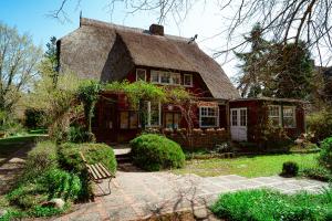a house with a thatched roof with a patio at Feriendomizil Prerow in Prerow