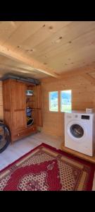 a small room with a washing machine and a rug at Casa Lazer in Tonadico