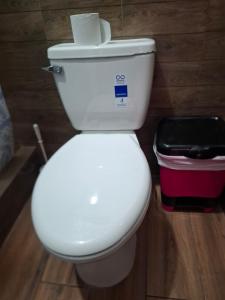 a white toilet in a bathroom with a trash can at Hostal Las Armonías 3 in Panajachel