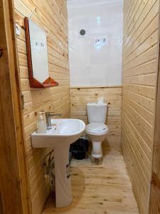 a small bathroom with a toilet and a sink at KyzArt Hotel & Horse Tours in Bagysh +34 photos