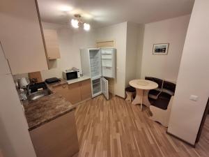 a small kitchen with a sink and a table at Apartmenti Ezerkrasti in Jaunpils