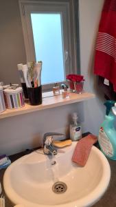 a bathroom sink with a mirror and a window at Mobil Home AGDE Hérault in Agde