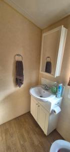 a bathroom with a white sink and a mirror at The salsbury lyons robin hood park,rhyl in Meliden