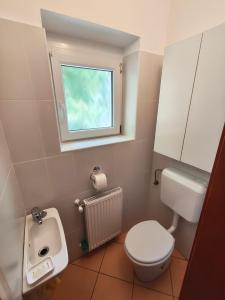 a bathroom with a toilet and a sink and a window at Tau Forest Lodge in Solkan +31 photos