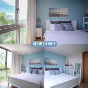 two pictures of a bedroom with two beds at Hommie Home Pattaya in Ban Krathing Lai