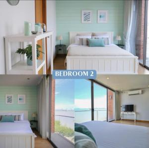 two pictures of a bedroom with a bed and a window at Hommie Home Pattaya in Ban Krathing Lai +4 photos