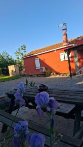 a picnic table with purple flowers in front of a building at Maison de pêcheur in Marseillan
