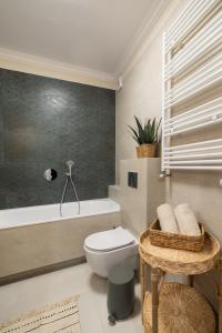 a bathroom with a toilet and a bath tub at Milla Apartamenty 102 in Zamość