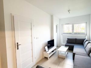 a living room with a couch and a tv at Apartament Gozo in Łódź