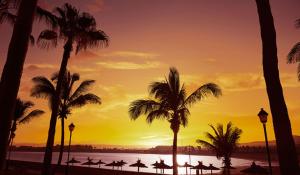 a sunset with palm trees and a beach with umbrellas at Castillo Holiday Home in Caleta De Fuste