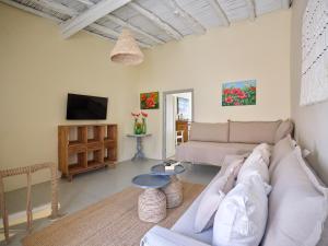 a living room with a couch and a tv at Flair Naousa in Naousa