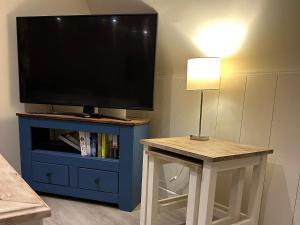 a tv on a blue cabinet with a table and a lamp at Lodge 22, Bodmin Holiday Park, Cornwall in Lanivet