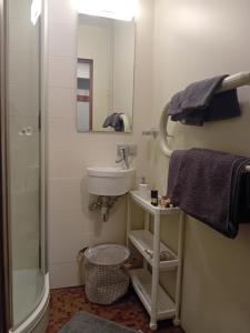 a bathroom with a sink and a shower and a mirror at Grīvas apartamenti in Ogre