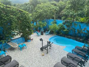 a backyard with a swimming pool and chairs and trees at BTC - Hotel Minca Express Relax - Base Camp in Minca