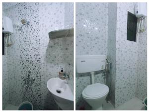 two pictures of a bathroom with a toilet and a sink at Ambient Homestay NESTEASY in Nashik +12 photos