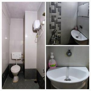 three pictures of a bathroom with a toilet and a sink at Ambient Homestay NESTEASY in Nashik