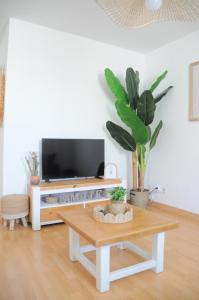 a living room with a tv and a coffee table at À 8min du parc LE PAL Le cocon de Kenna in Dompierre-sur-Besbre