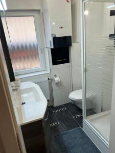 a bathroom with a toilet and a sink and a shower at OESLAUER STUBE Gemütliches Apartment mit Kamin, Klimaanlage, Balkon, 3 Schlafzimmern, 2 Bädern, Modern, Familienfreundlich, Zentral, Vollausgestattet in Rödental +20 photos