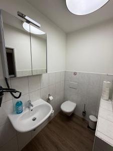 a bathroom with a sink and a toilet and a mirror at Garland-Rooms in Bremen +11 photos