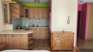 a kitchen with wooden cabinets and a green ceiling at Apartament Ziołowy in Augustów