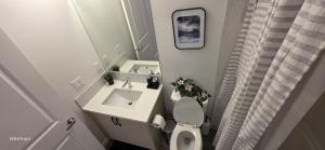 a bathroom with a sink and a toilet and a mirror at Cobblebrook Executive Suites in Airdrie +17 photos