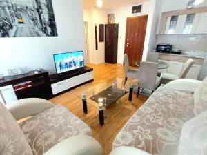 a living room with a couch and a tv at HUGO APARTMAN Green Hill Kompleks- u blizini Akva Parka in Soko Banja