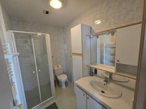 a bathroom with a shower and a sink and a toilet at Résidence Mauriac in Mauriac