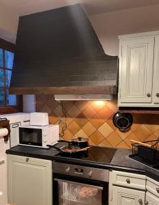 a kitchen with a microwave and a stove top oven at Belle maison en pierre, grand jardin au calme in Rocquemont