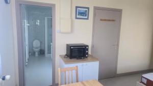 a bathroom with a small television on a counter with a toilet at Résidence Mauriac in Mauriac +3 photos