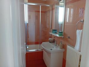 a small bathroom with a sink and a shower at Skala Central Comfort Apartment in Skála +25 photos