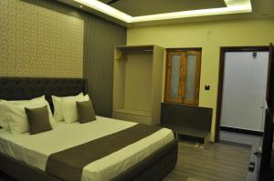 a bedroom with a bed and a projection screen at The Royal Palace Inn in Almora +4 photos